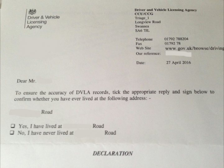 DVLA Letter for confirmation of previous address  - Page 1 - Speed, Plod & the Law - PistonHeads