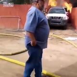 This shocking cellphone video captures Jose Guzman rushing past firefighters and into his burning house looking frantically for his dog. Just moments later, both of them run out.
