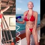 Caroline Vreeland bouncing her big tits and hosing them down in a bikini