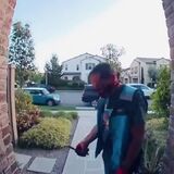 Doorbell camera captures delivery man sneaking in a quick game of hopscotch on his route.