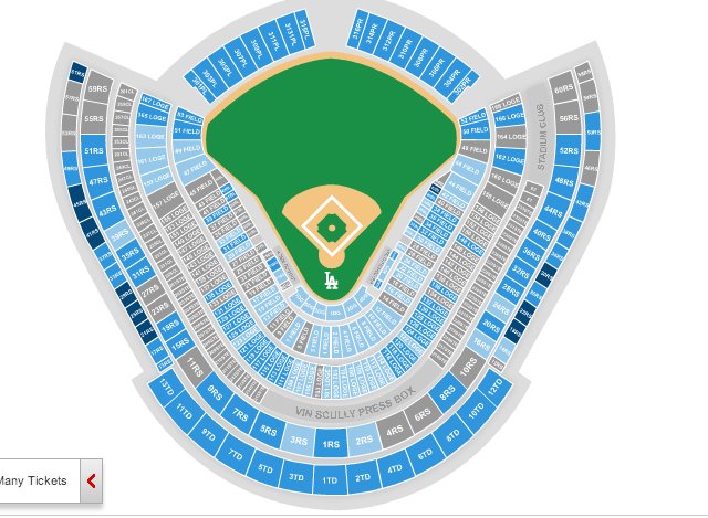 Best place to sit at a baseball game? - Page 1 - Sports - PistonHeads - The image is a stylized, color-coded seating plan for a baseball stadium. It is primarily white with green and blue areas filled with seat numbers, indicating different sections of the stadium. This type of graphic is commonly used for online ticket sales, with colors potentially representing different price categories or sections of the stadium. The "Many Tickets" area is indicated in red, potentially signifying high demand or limited availability. The layout of the seating is clearly marked, showing sections such as the Press Box and various sized seating options like the first few rows, which are larger and seat more people.