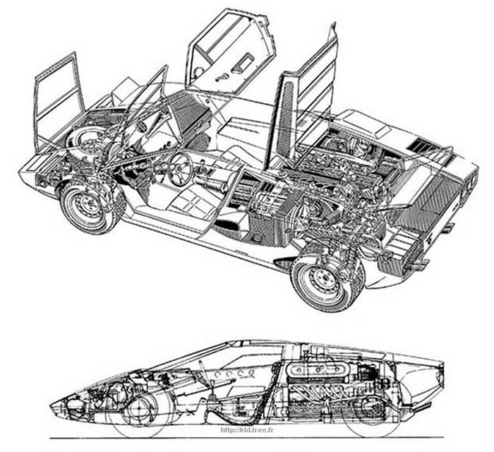 Countach  - Page 12 - Lamborghini Classics - PistonHeads - The image presents a meticulous illustration of a vehicle, detailing various parts from multiple angles. There are depictions of both the interior and exterior, showcasing the intricate design of the vehicle, including its mechanical components and structural framework. The illustration uses a combination of line art and shading to highlight different features and to provide depth perception. This type of image could be used for educational purposes, such as vehicle assembly, design, or maintenance, or for promotional materials related to automotive engineering.