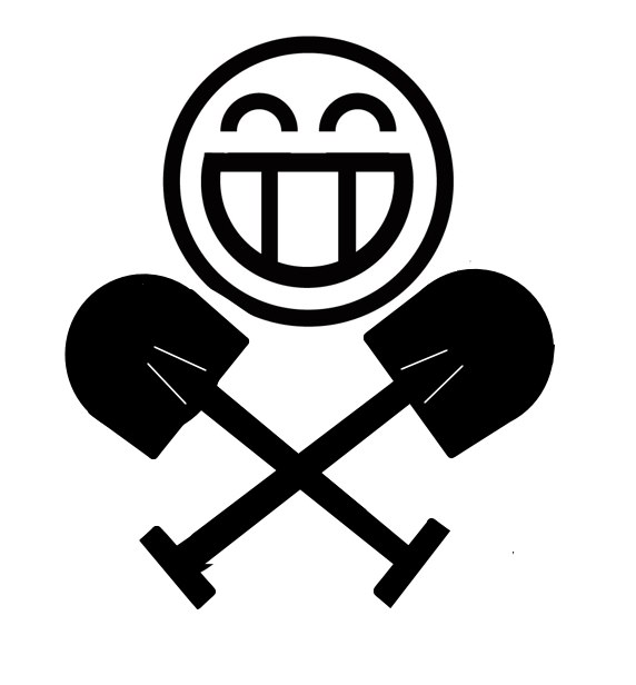 need a PH offroad sticker! - Page 1 - Off Road - PistonHeads - The image features a stylized black and white logo. A smiley face on the top center is surrounded by two black pitchforks crossed beneath it. This emblem seems to symbolize a combination of energy and positivity.