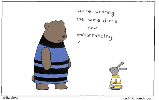 A close up of a stuffed animal on a table - The image shows a cartoon of a bear in a striped blue and black dress standing next to a small rabbit. Above them, there is text that reads "We're wearing the same dress, how embarrassing." The text suggests a humorous situation where both characters are wearing the same outfit. The style of the image is reminiscent of internet memes, with simple line drawings and white text on a gray background.