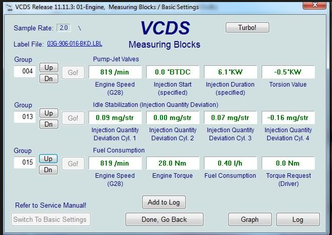 Audi TDI Smoking on startup and bad injector readings - Page 2 - Audi, VW, Seat & Skoda - PistonHeads - The image displays a detailed view of a VCDS diagnostic tool programmed for measuring mechanical blocks. The screen displays various technical data such as engine and group information, along with detailed specifications for different engine metrics like cockpit pressure and temperature data. There are also detailed measurements and specifications provided for injection quantity, idle speed, and engine speed. The interface allows the user to switch to basic settings, adding to the tool's versatility. The user has the option to log data for further analysis.