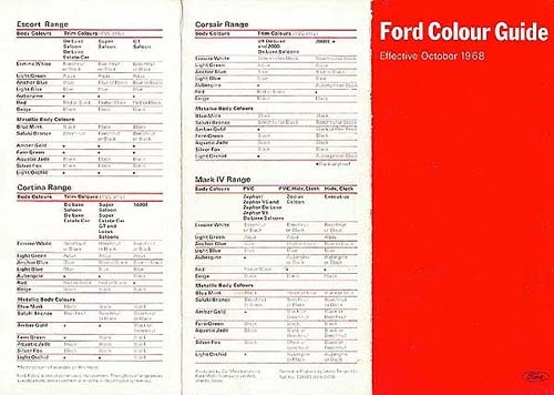 Lotus Cortina Values - Page 1 - Classic Cars and Yesterday's Heroes - PistonHeads - The image displays two pages of a thick red book with information about the Ford Cortina. The pages are titled "Escort & Cortina" and "Cortina Range," suggesting that the book contains details about these specific models. Inside the pages, there are tables and lists that provide information related to the engines, body colors, and other specifics about the cars. The foundation of the book lies in providing clearance on all the Ford Cortina model lines and their specifications, including details about the cars as of an effective date which appears to be October 1968. The red color of the book is striking, which makes the information stand out, and the book seems to be in good condition despite signs of age, including some visible rust on the edges of the pages.