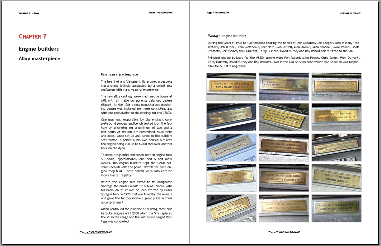 So who did your 'Final Inspection'? - Page 3 - Aston Martin - PistonHeads - This image displays a double-page spread from a book, focusing on the history and mentions of "Engine Builders Alley" in the Barry Windon chapter "Chapter 7: Engine Builders". The text discusses the area's historical significance and includes an array of photographs placed at intervals throughout the source material section. These images feature immersed engine builders' names on various surfaces, which suggest the location's importance to engineers and manufacturing over time. The title "Engine Builders Alley" appears prominently across the page, linking the content with the corresponding photographs.