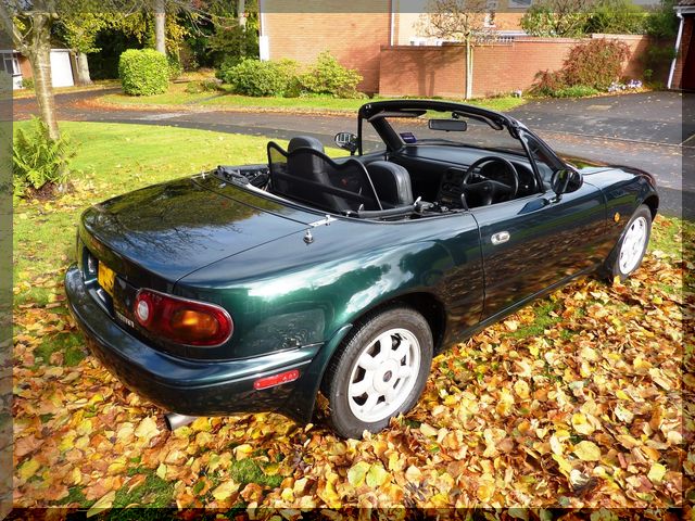 Preparing an MX5 for a trip to Italy... - Page 1 - Mazda MX5/Eunos/Miata - PistonHeads - This image features a dark green, convertible sports car parked on a grassy area. The vehicle is a two-seater design with an open top, allowing a clear view of the interior. The car's sleek lines and sporty design are evident against the natural backdrop, and its condition appears to be well maintained. The surrounding area is adorned with fallen leaves, suggesting that the picture was taken during autumn. The ground surface transitions from grass to pavement, and there are hedges and a brick fence in the background, adding to the suburban setting of the image.