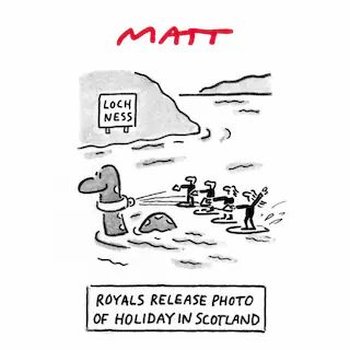 Pistonheads - The image is a black and white cartoon. It features a character named Matt, who is depicted as a man with a speech bubble. In the speech bubble, Matt says "Matt's release of holiday in scotland." Below this, there are three other characters in a speech bubble, labeled "Royal's release of holiday in scotland." The background shows an ocean scene with text that reads "LOCH NESSE" at the top and "SCOTLAND" at the bottom.