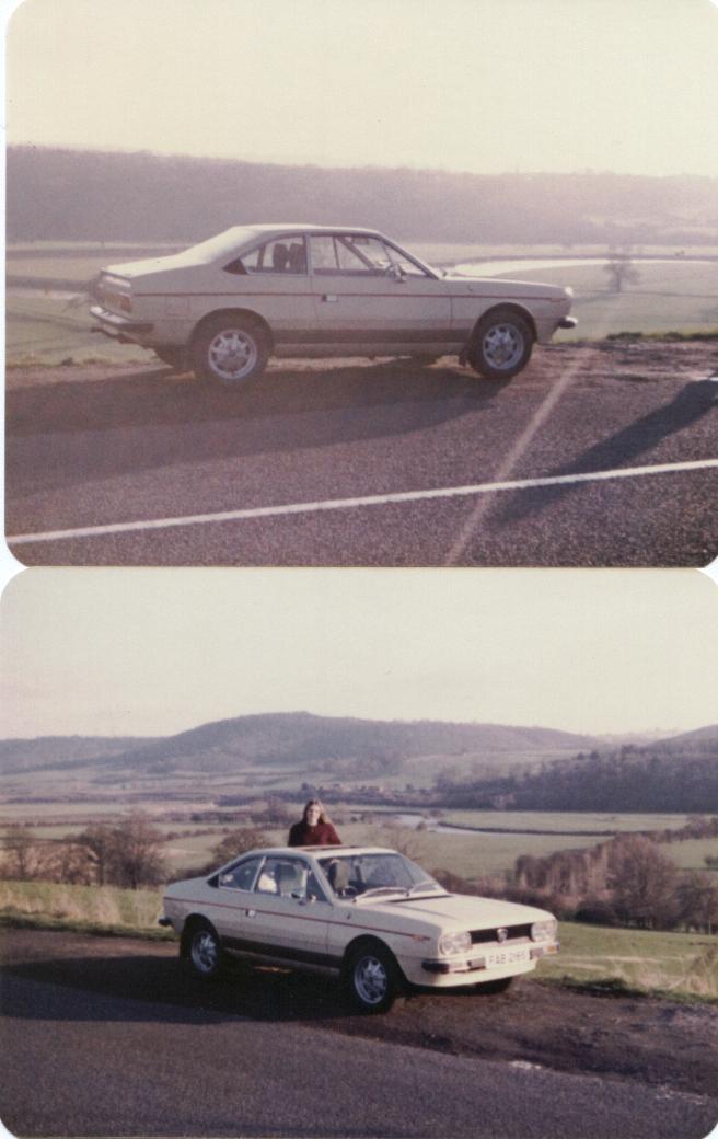 Lets see your Lancia's! - Page 37 - Alfa Romeo, Fiat & Lancia - PistonHeads - The image consists of a set of four photographs arranged side by side, each depicting an older model car traveling down a road. The vehicles appear to be a two-door coupe, and the style suggests the photograph was taken in the 1970s or 1980s. The first photo on the left shows the car on a wet road, with the surroundings appearing to be a mountainous landscape during the daytime. The second photo, in the center, captures the car on a clear day with a vast, open field in the background. The third photo, on the right, shows the car on a road in a different season, likely spring, as indicated by the green foliage on the sides and the shadows cast by the trees. The fourth photo at the bottom presents a similar car model parked on a dirt road with a person standing beside it.