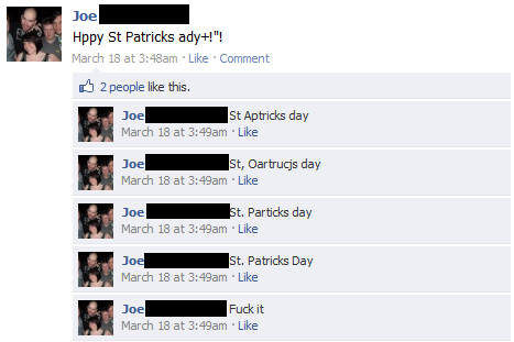 Pistonheads Facebook Fails - The image shows a Facebook post featuring St. Patrick's Day themed messages. A man named Joe is mentioned as having posted the messages on a social event page. The posts include like and comment reactions. The accompanying image shows a collection of similar images of children of a specific age with a face blur effect applied to them, reflecting the conversation in the Facebook post. The post contains a humorous exchange about St. Patrick's Day, referring to a family's tradition of celebrating the holiday.