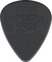 Pistonheads Plectrum - The image displays a Spanish brand guitar pick, known as "USA NYLON," featuring text and a notch for fretboard navigation. The pick is black and has a textured design. The positioning of the pick at an angle in the image provides a clear view of the brand name and descriptors. The text on the pick includes the acronym "USA," the brand name "NYLON," and additional information about the pick, such as its dimensions (73mm) and material composition. The background of the image is plain and does not distract from the detailed view of the pick itself.