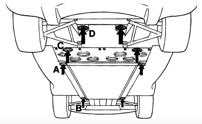 Car scissor lifts - Page 1 - Home Mechanics - PistonHeads - The image is a technical drawing that shows a placement guide for recliner feetrests in a vehicle. It presents the arrangement of four feetrests in a raked pattern: one pair in the front and another pair in the back. The drawing is primarily in black and white, with the seating structure visible and marked with the letters 'A', 'B', 'C', and 'D' to indicate each footrest. The feetrests are designed with a circular shape and two bars with attachment points, indicating where they should be connected to how a recliner feetrest should fit into the structure.