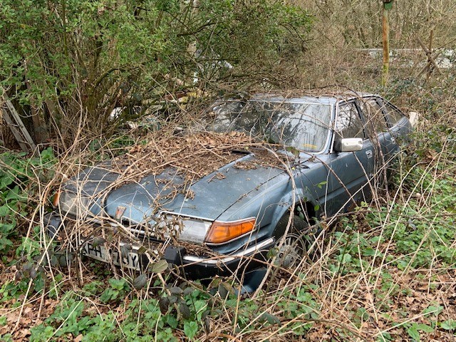 Classics left to die/rotting pics - Vol 2 - Page 340 - Classic Cars and Yesterday's Heroes - PistonHeads UK - The image shows a scene of neglect and abandonment. Dominating the foreground is an old, rusted car that has been left to the elements. It's parked on a grassy area with trees in the background, indicating a semi-urban or rural setting. The car appears to be quite aged and has likely not been driven for many years, as suggested by the overgrown foliage around it and the lack of any visible registration information. The vehicle is partially hidden behind a clump of dried branches and foliage, suggesting it's in a state of disuse.