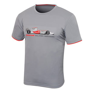 RE: Ferrari F150 vs McLaren P1: PH Blog - Page 5 - General Gassing - PistonHeads - The image presents a grey cotton t-shirt prominently displayed against a white background. The t-shirt is the main focus of the image. The front of the t-shirt features a graphic design or print, which includes the word "Race" and an illustration related to the Indy 500 auto race. The design also includes the word "Breaking" but it's cut off and only "Breaking" is visible. The print on the t-shirt is designed to resemble the style of a news flash or breaking news report, adding a dynamic element to the design. The t-shirt has short sleeves, and the neckline and hem appear to be a standard crew neck and two-piece rounded bottom with no visible riders.