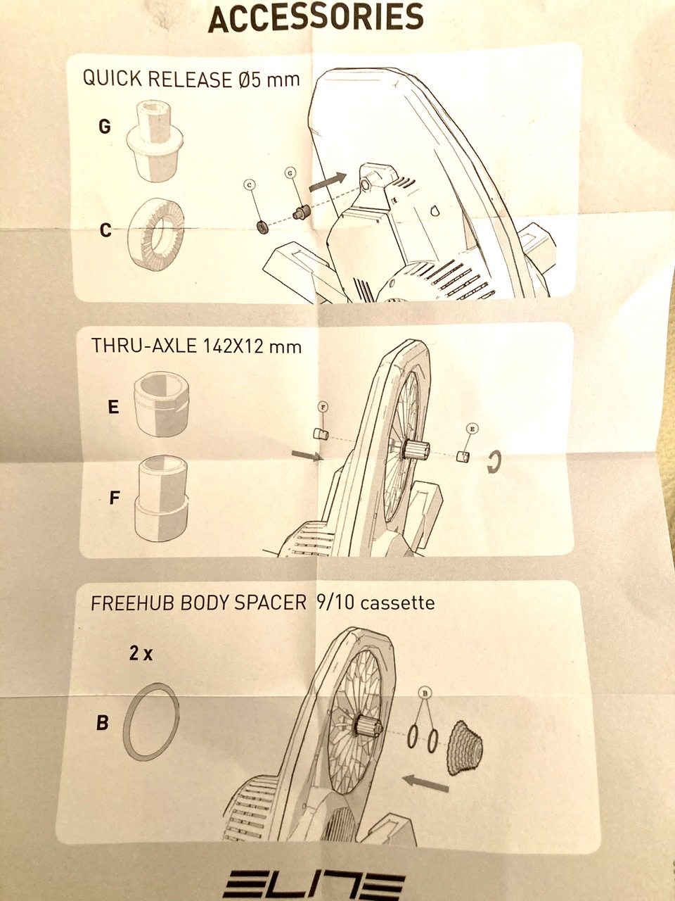 Smart turbo trainer ... completely lost. Please help thanks! - Page 2 - Pedal Powered - PistonHeads - The image shows a product manual or instruction sheet for assembling or installing accessories. There are several items on the list, including 'Quick release 6mm', 'Freestyle body space', 'Thru-axle 120', and other specific parts. There's also an image of a bike wheel with visible components like spokes, a disc brake caliper, and a cassette hub with bearings. The overall style of the image is instructional, aiming to guide the reader through the process of mounting these accessories onto a bicycle wheel or similar component.