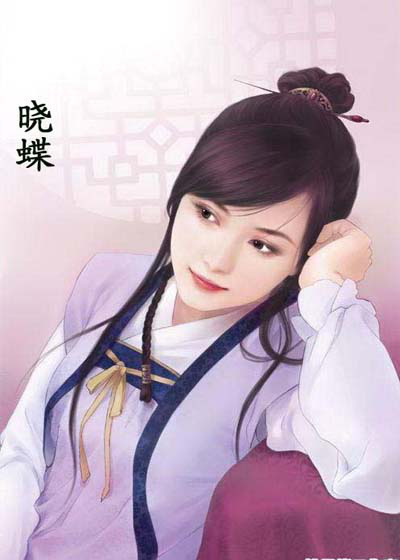 This is a well-maintained anime-style illustration featuring a young, female character with dark hair adorned with a white headband, often associated with historical fashion of East Asian origin. The character's hair is styled in two pigtails, and her headband is tied with a bow. She is dressed in a traditional East Asian blouse and shawl, with the blouse having a high neckline. The background, with its tan hue and faint, decorative patterns, complements the subject, providing a soft contrast that focuses attention on the character. There is a small, red line at the top right corner of the image, which could represent an artist's signature or logo.