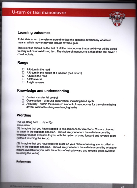 Using a T-junction for a U-Turn... - Page 1 - Advanced Driving - PistonHeads - The image displays a page of instructions for using a fleet of taxis. The top of the page features the title "U-Turn or Taxi manoeuvre" and is adorned with a red and white checkered symbol to the left, possibly indicating the company's logo. The instructions are given in both English and French, indicating that the company likely operates in a francophone region. 

The document presents three categories of instructions: Learning outcomes, ranging from "A-U-Turn in the road" to "A right reverse," "Range," employing terms like "manoeuvre in the montage" and "left reverse," and "Knowledge and understanding." There is a section titled "Wordings," with a corresponding explanatory note directly below it. These sections seem to detail specific driving practices tailored to the task of using a fleet of taxis.