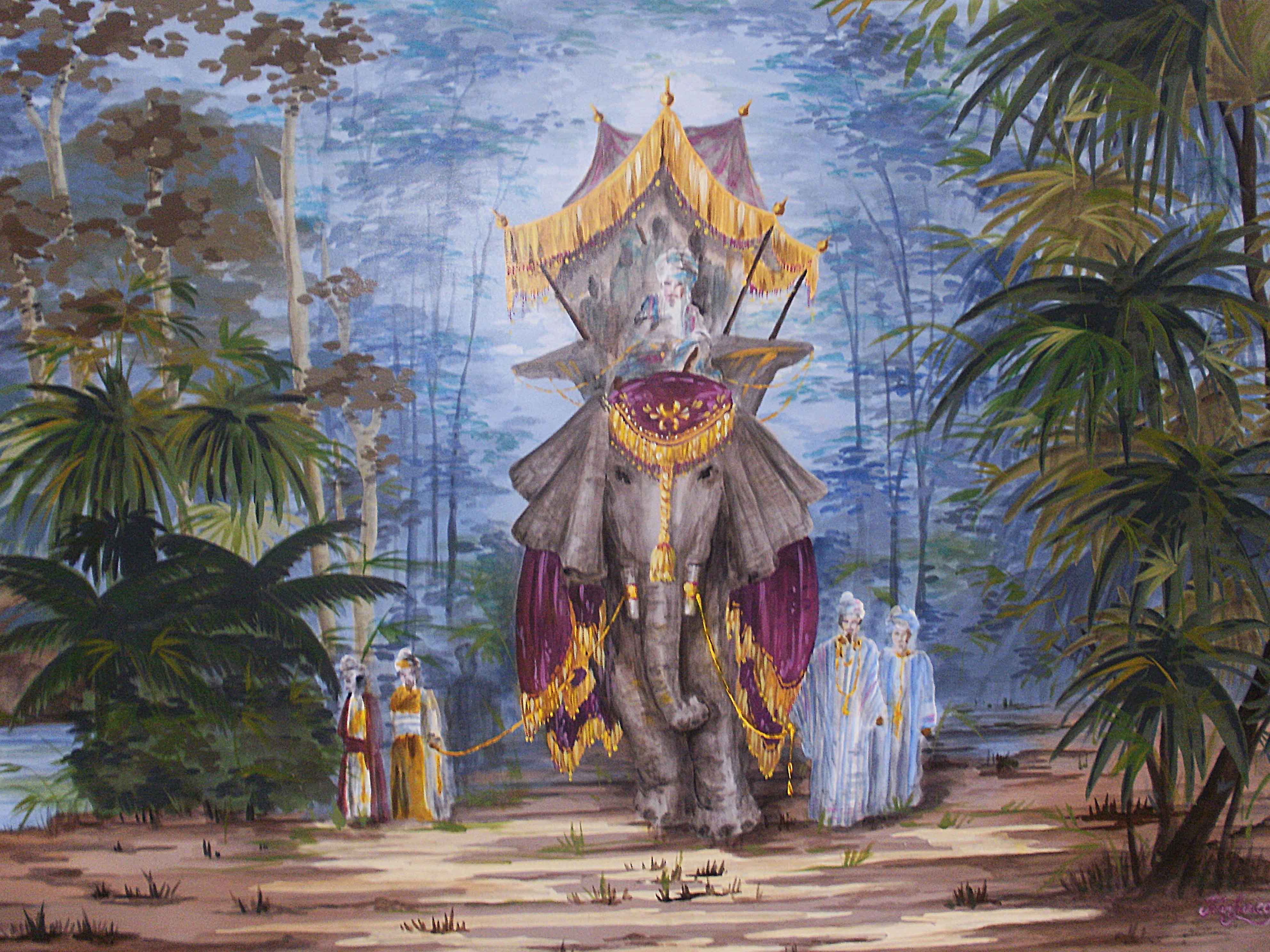 The image depicts a scene that is both fantastical and ethereal. An elephant stands majestically in what appears to be a tropical jungle, its trunk extending upwards towards the sky. Perched on the elephant's back is a golden canopy, providing a vibrant contrast to the elephant's grey skin. Flanking the elephant are three people, their figures shrouded in blue robes, adding to the mysterious and otherworldly quality of the scene. The background is a verdant canvas of lush green foliage, completing the picture with a serene sense of nature. A watermark subtly positions this painting to be by someone named Tracey Wellington.