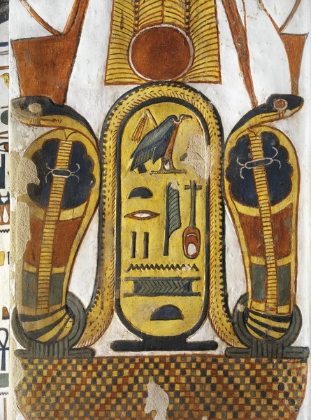 egypt-museum:
“ Royal Cartouche of Nefertari  Cartouche encloses Queen given name Nefertari Meritmut, “The Fairest of Them All, Beloved of the Goddess Mut”. Detail of a painting in the Tomb of Queen Nefertari (QV66), Valley of the Queens, West...