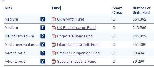 Invest Funds Pistonheads - The image is a screenshot of a spreadsheet table displaying financial classifications. At the top of the table, there's a column header "Risk" followed by various fund names and their corresponding share classes and units held. Each entry has an icon indicating the type of fund, with different colors representing different classes of risk. The data includes "UK Growth Fund," "Corporate Bond Fund," "International Growth Fund," and others, revealing different investment options with varying levels of risk. The numbers next to the share class and units held provide information on the share allocations for each fund. The style of the image is typical of financial data presentations.