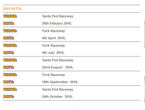 Pistonheads Racing South West Drag - This image appears to be a schedule or calendar, possibly for a racing event, with dates on the left column and corresponding race names and locations on the right. The dates range from February 28th to October 24th, 2010, with events named "Santa Pod Raceway," "York Raceway," and "Santa Pod Raceway." Each entry includes a venue, providing various locations for the events throughout the year. The template suggests a chronological order for the scheduled activities.