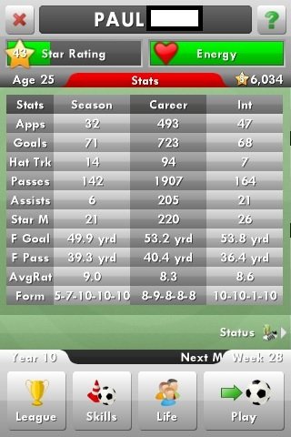 New Star Soccer for iPhone - Page 9 - Video Games - PistonHeads - The image displays a digital sports team management interface with various statistics. It reads "43 Age 25" in the upper left corner, indicating the age group selection for rated players. Below this are the statistics for the selected age group, detailing season and career ratings for individual players. Statistics include hat tricks, assists, and goals scored among others. The background of the interface is green with a white and gray table that shows the list of players and their corresponding statistics. In the upper right, there's another section titled "Energy" with a white heart graphic and a numeric score. The image has a top navigation bar with icons and text that we can assume contain additional options or information. The overall style of the image is indicative of a mobile application designed for managing the statistics of soccer players.