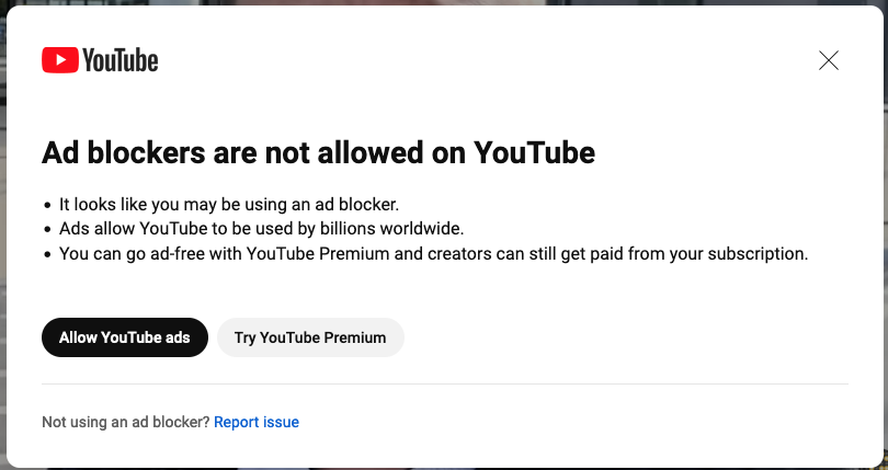 ad blocker no longer works with youtube? - Page 2 - Computers, Gadgets & Stuff - PistonHeads UK - The image displays a screenshot of a YouTube video. The main focus is on the text visible in the image, which reads "AD blockers are not allowed on YouTube." This text is likely part of a pop-up or notification within the YouTube interface. There's also an instructional element, suggesting users to "try another browser" if they experience issues with ads. The screenshot itself shows a portion of a computer screen, indicating that this message was displayed while using the web browser Google Chrome.