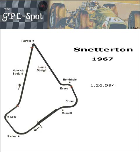 Snetterton As It Used To Be - Page 1 - Radical - PistonHeads - The image is of an amateur accounting exam, presented on a checkered gray and white background. It appears to be a vintage advertisement, featuring a vintage automobile in the upper right corner. Below the car, there's a detailed black and white sketch of a race track, marked with annotations such as "Hairpin," "Bombhole," "Esses," "Coram," "Russell," and "Richards." Two noted names, "Snetterton" and "1. 26. 594," are present, suggesting that the track might be Snetterton and the year could be 1967. The layout includes scale markings and directional arrows indicating the racing line's course on the track.