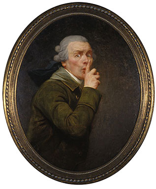 The image portrays a classical portrait of an elderly man, rendered in a realistic style. The man is captured in a three-quarter view, standing against a dark background that accentuates his presence. His attire consists of a green coat and a black hat, adding a touch of elegance to the overall composition. The most striking element is the man's hand held up to his mouth, as if stifling a laugh or suppressing a thought. This gesture adds a layer of intrigue to the image, inviting the viewer to speculate about his thoughts and emotions. The painting is encased in a gold frame, indicating its importance or value.