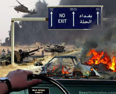 The image portrays a scene of destruction and chaos. A vehicle is on fire in the foreground, surrounded by smoke and fire. Behind it, there's devastation with rubble and debris, indicating a significant event. In the sky above, two military helicopters are mid-flight, adding to the sense of urgency. A black and white exit sign is prominently displayed, with arrows pointing left and right, standing stark against the catastrophic background. The colorful sky with explosions in it forms a dramatic contrast to the otherwise bleak scene.