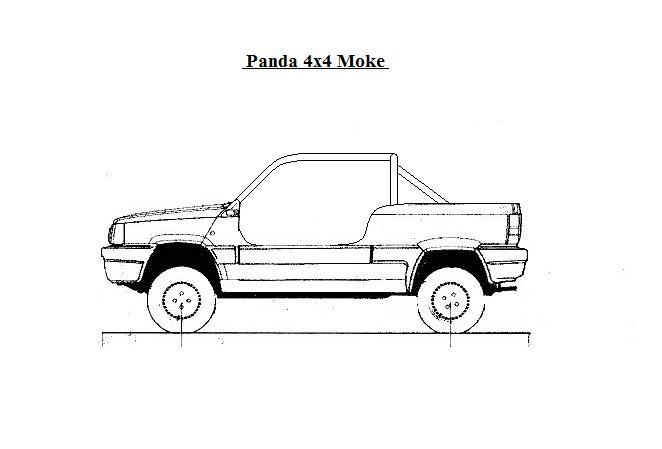 Project Peterborough - Page 6 - Alfa Romeo, Fiat & Lancia - PistonHeads - The image shows a black-and-white line drawing of a four-wheel????, which is Japanese for pickup truck. This particular model is the Panda 4x4 Moke. The truck is shown from a two-quarter front angle, highlighting the front tires, hood, and part of the passenger cabin. The Panda is a classic off-road vehicle known for its rugged design and simplicity. The image is likely a schematic or an educational illustration intended to serve a technical or explanatory purpose.