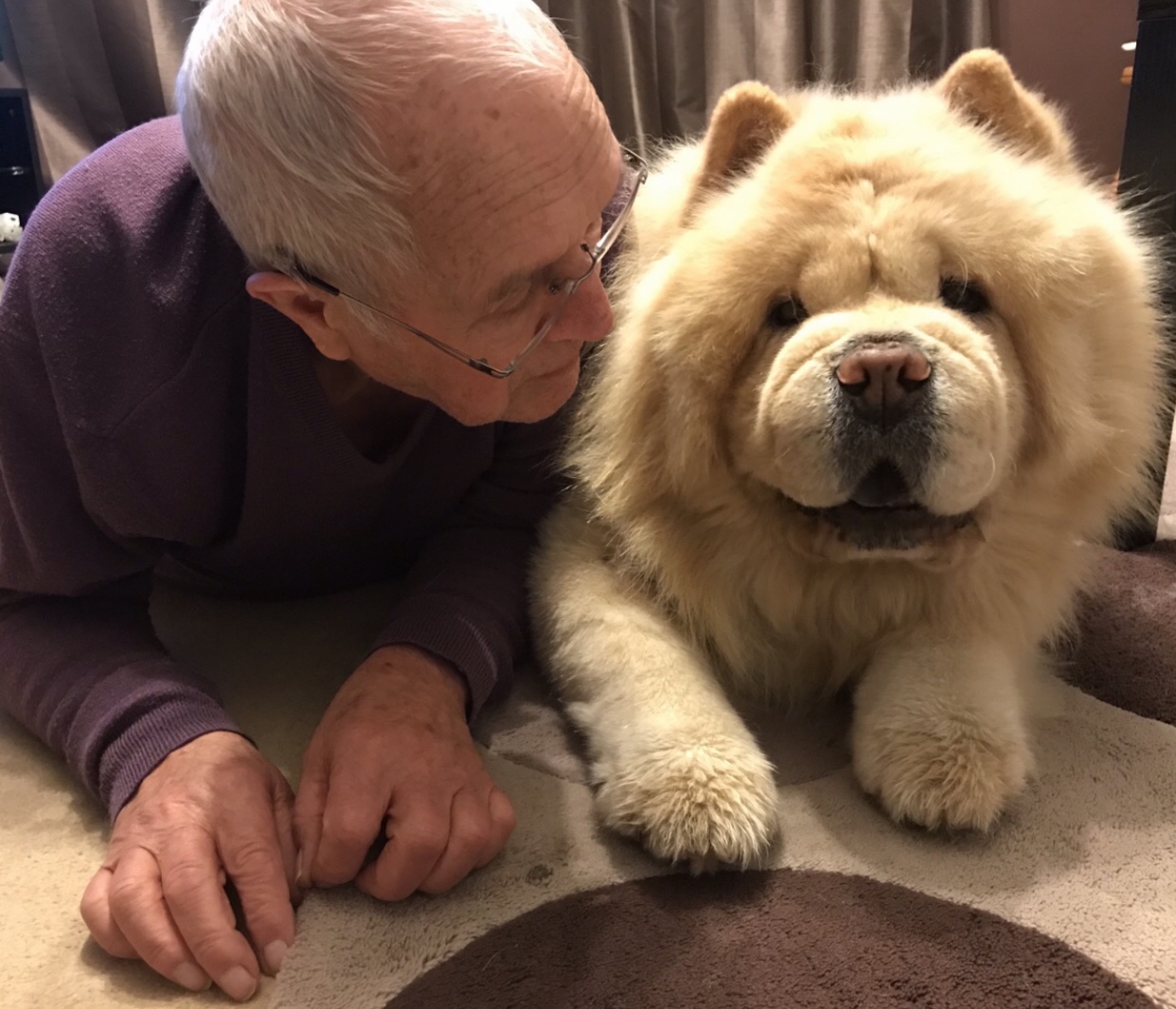 Post photos of your dogs (Vol 3) - Page 475 - All Creatures Great & Small - PistonHeads - In the image, a man is kneeling on the floor next to a large dog. The man appears to be elderly and is wearing glasses. He is looking up at the dog with a smile on his face. The dog, which is a breed resembling a shaggy or a pug, has its mouth open as if it's smiling too. They are both in an indoor setting, surrounded by a brown carpet.