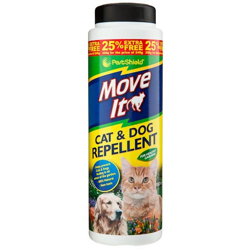 Stopping a dog urinating on my land - Page 2 - All Creatures Great & Small - PistonHeads - The image shows a tube of Move It! Cat & Dog Repellent. The tube is standing vertically and is colored green, white, and yellow with prominent text and images. The text on the tube indicates the product's purpose, which is to deter dogs and cats from scratching furniture due to boredom or excess energy. The circle of text at the bottom of the tube emphasizes key selling points such as the availability of a nonspray solution and the product being free of chemicals and artificial fragrances.