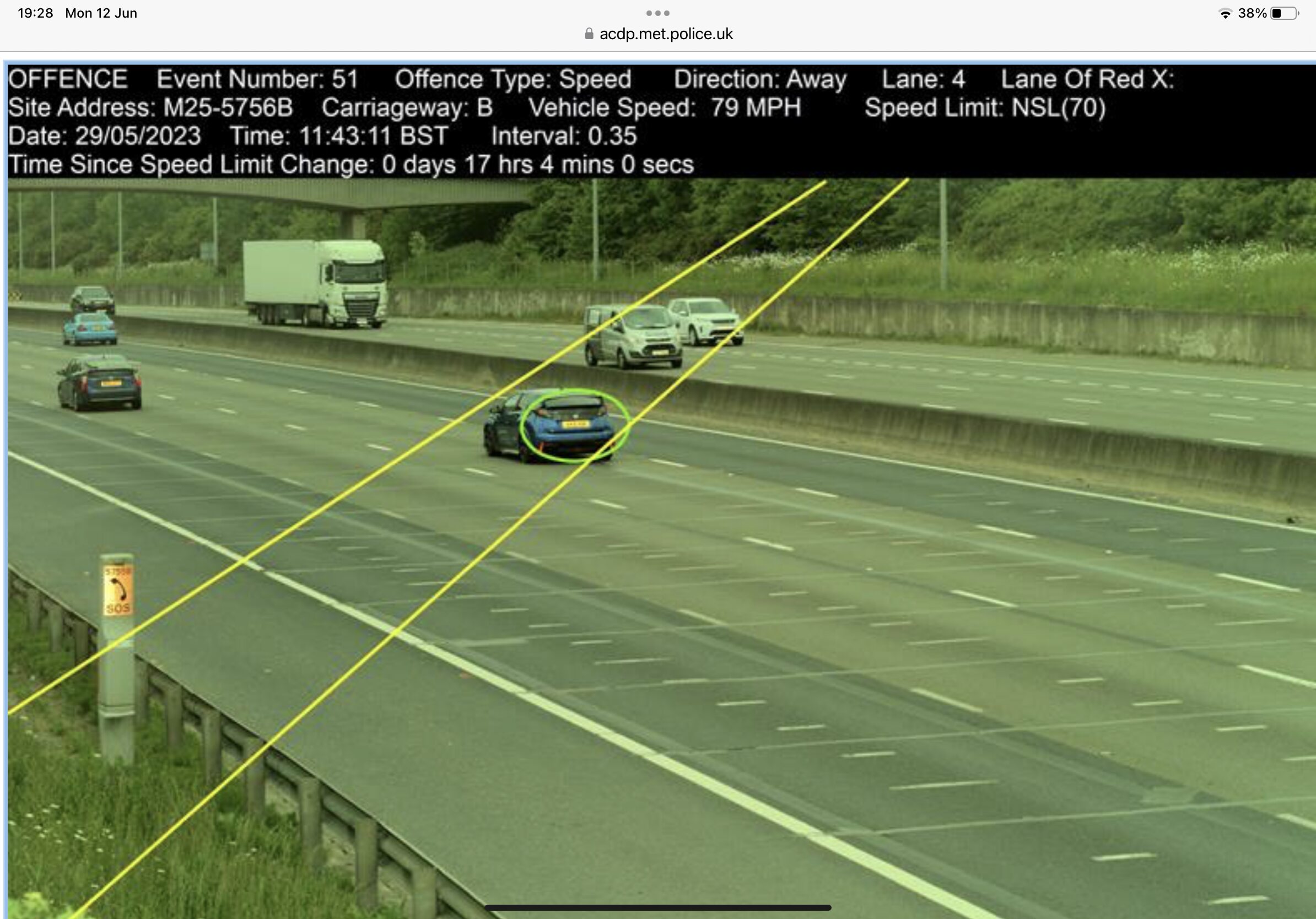 Flashed on the M25 gantry camera - Page 1 - Speed, Plod & the Law - PistonHeads UK - The image shows a computer screen displaying a live traffic camera feed. In the center, there's a vehicle captured in motion on what appears to be an urban highway or city road. The highway is surrounded by grassy areas and some trees. There are also other vehicles visible behind the main subject. On the bottom right corner of the image, there's a red arrow with a black outline, suggesting that the camera is focusing on this vehicle.

The screen has overlaid text, which provides contextual information for viewers. It mentions "Event Number 51", "Type Speed Detection", and "Lane 4 of Red X". Additionally, there's a timestamp showing the date and time as "06/03/2021 18:09:49" and a duration indicating "17 minutes and 16 seconds left until speed changes to 60".

The top right corner of the image shows another vehicle, while the bottom left corner displays a partial view of a roadside sign. The overall style of the image suggests it's a screenshot from a live traffic monitoring system or software interface.