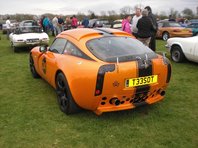 Northants pistonheads meet ? - Page 1 - Northamptonshire - PistonHeads - This image captures a lively gathering of car enthusiasts on a grassy field. The star of the event is an orange Volvo P1800, a classic sports car with a distinctive black and yellow stripe running along its side. The license plate reads "T33OT", adding a touch of personalization to the car. The car is surrounded by a crowd of people who are admiring and discussing the vehicle. The atmosphere is casual and relaxed with people standing around, engaged in conversation. The event seems to be focused on the appreciation of vintage and classic cars, with attendees enjoying the chance to see and discuss these vehicles.