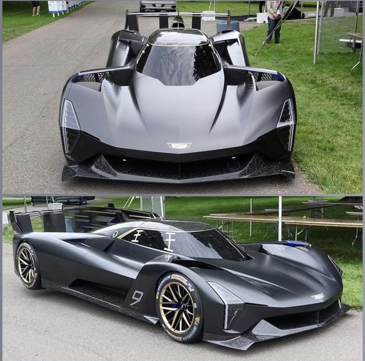 A motorcycle parked in a parking lot next to a car - Pistonheads - The image displays two different views of a black race car. On the left, the car is shown from a three-quarter front perspective, revealing its sleek design with aerodynamic bodywork. On the right, a more rearward view offers additional details about the car's structure and mechanical components. The setting appears to be an outdoor event, possibly a car show or race track, as suggested by the grassy area and other vehicles in the background. There is no visible text on the image.