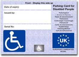 Pistonheads Severn Bridge Accept - The image is of a European Union parking card for disabled persons. It's in French and indicates it's issued by serial number. The card is part of a European outfit designed to accommodate disabled people. There's a small blue figure of a handicapped person on the card.