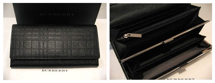 The image shows a side-by-side comparison of a black Burberry wallet and a black Burberry clutch. The wallet is folded and displays a quilted pattern characteristic of the brand's design. It also features the Burberry logo prominently embossed on its surface. The clutch, in contrast, is opened and shows its compartment with metal dividers. The inside is not visible, but the overall design matches the wallet, carrying the Burberry brand's signature quilted and textured design elements. The image is a typical product photo with a white background, highlighting the items to showcase their features and details.