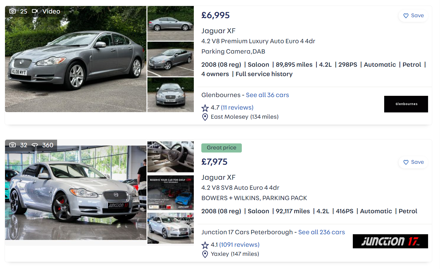 What is good value in the luxobarge market these days? - Page 1 - Car Buying - PistonHeads UK - The image appears to be a screenshot from an online marketplace or auction site, showcasing various vehicles. There are three photos of cars, each with different models and colors. The top photo shows a black sedan, the middle one features a silver SUV, and the bottom photo displays a red convertible. Alongside these images, there are details provided in text: model names, prices in USD, and descriptions for each vehicle.