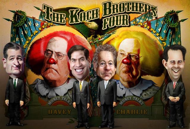 A group of people standing next to each other - The image features caricatures of four men in suits, each with exaggerated facial features to represent them as clowns. They are positioned in front of a colorful background with a clown theme. The title "THE KOCH BROTHERS' FOUR" is prominent at the top of the image. Behind the men, there are green leaves and a clown head on the wall. The image is styled to resemble a poster and is designed in a way that seems to mock or make fun of the people depicted.