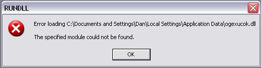 Pistonheads Annoying Virus - The image shows a computer screen displaying an error report from Windows operating system during an attempt to load certain data files. The error message states that the "Standard Settings" application data file is not found and offers an "OK" button to acknowledge and close the dialog.