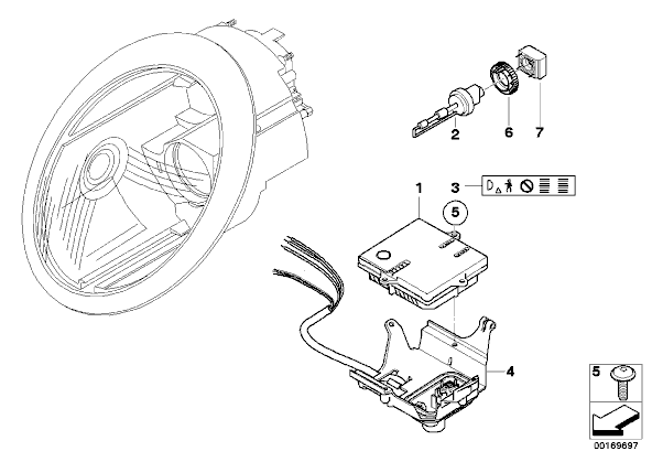 Mini R50/R53 Xenon - Page 1 - New MINIs - PistonHeads - This image depicts a technical manual page, featuring a drawn illustration of a mechanical component along with a separate exploded assembly view and a parts list. The central illustration shows a close-up view of an assembly or part with several components, including screws and a flange. There are six numbers on the image denoting the placement of each part in the disassembled state. To the right of the graphic, there are cautionary warnings about sharp and rusty parts, as well as the need for a philtrum screwdriver. The bottom of the image contains numerals from 4 to 7, possibly indicating the order in which the parts are assembled or the steps in a repair manual. The image is illustrated in a monochromatic line drawing style, typically used in technical manuals for clarity and to observe the intricate components without distractions.