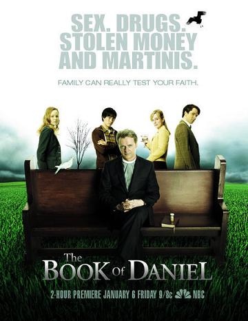 The image is the movie poster for "The Book of Daniel." It depicts a scene with characters sitting on a park bench, set against a backdrop of a courtyard with neatly trimmed grass. The text clearly indicates the title of the movie, along with the explanation of its production. The overall color scheme is soothing, with a focus on earthy tones, and the quote "Family can realy test your faith" is prominently displayed, suggesting a theme of family, faith, and the challenge of both.