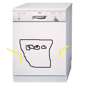 Nissan..Worlds worst designs? - Page 1 - General Gassing - PistonHeads - The image shows a white washing machine with a black and white illustration on the front. The hand-drawn sketch appears to be a stylized outline of something, possibly symbolizing data processing or encoding, given the elaborate line patterns. The machine has dials and a handle, suggesting a manual or mechanical operation. The background is neutral, focusing attention on the washer and its adornment.