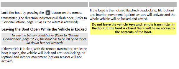 Trickle charger query - Page 1 - Aston Martin - PistonHeads - The image contains two columns of text, separated by a thin line. The first section of the left column discusses a patent with an activation button, while the right column provides a cautionary note about using it. The first image references a 'personal activation' process, and the second image mentions using the battery power in case it is closed in the glove compartment of the car. The text is written in black font against a light gray background.