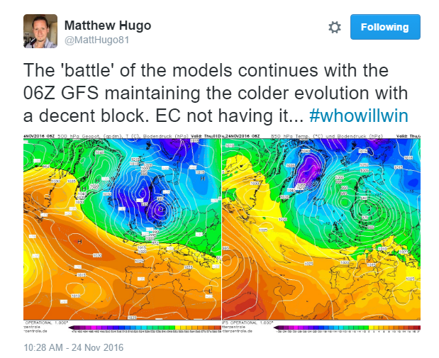 The official winter 2016/2017 snow thread.... - Page 21 - The Lounge - PistonHeads - The image is a screenshot of a social media post, where two images of a weather radar map are being discussed. These radar maps depict the forecast for the coming week starting from midnight on 24 November 2016, which is presumably what the post is referencing. The two maps show different intensities of colors, suggesting varying levels of precipitation or temperature. The post seems to be encouraging followers to be prepared for the weather in the following week.