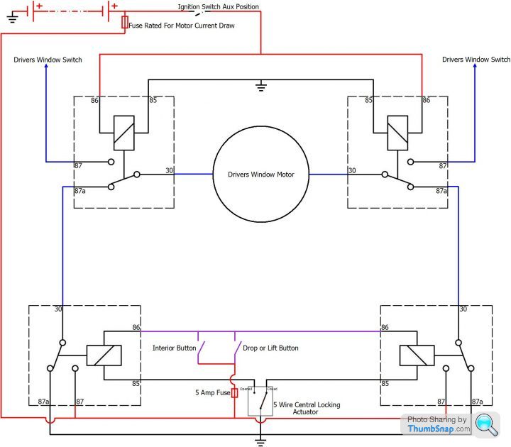 Windows - Page 4 - Wedges - PistonHeads - The image displays a schematic diagram of an automotive electrical system with a focus on the window motor and switch. There are lines connecting various components, each labelled with numbers and identifiers. The diagram is diagrammatic, with the pins and connections visually represented. The layout includes terminals for switches, and labels include the ignition switch and fuse box. The diagram uses both red and blue lines to symbolize different wiring elements. The system is depicted from a top-down, top view of the vehicle, showing the upper part of a car structure.