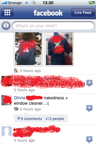 Pistonheads Fails Facebook - This image captures a sequence of Facebook interactions. There is a post from Olivia with the comment "nakedness + window cleaner... (it always makes me think of my mom)" below the inspirational quote, "What's on your mind?". Another interaction shows a message response to someone who likes "window cleaner... (it always makes me think of my mom)", to which Olivia responds with "3 comments = 3 hours ago". There is also a red character overlay which appears to be a grawl dog inside a red box. The red solo cup and the red tag in the top left corner indicate that this is exclusively an Instagram post, as Facebook allows for different types of media, including text posts, image posts, and video posts. Finally, the tag "Orange" is visible in the bottom left corner, which could refer to the color of the solo cup, the name of the account, or simply a typo.