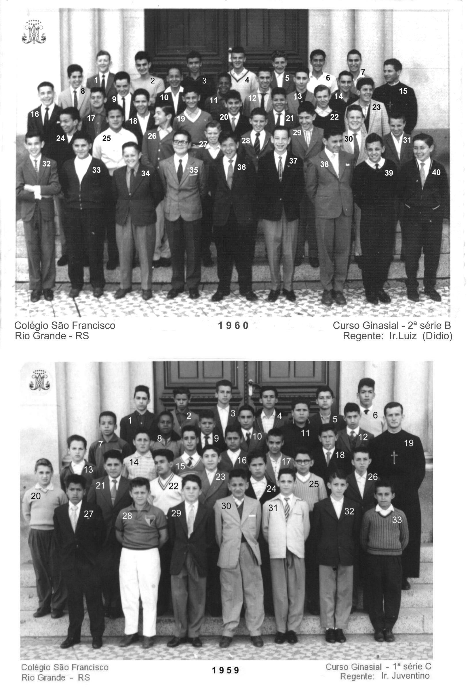 Bagualbaio - The image is a black and white photograph divided into two sections side by side. The left side of the image shows a group of young men and women posing in formal attire in front of a building with a classical architecture design. The right side shows another group, who appear to be much younger and possibly associated with the same institution, as they are standing in front of the same building. Both sides feature meticulous rows and column formations, with the individuals dressed in what seems to be the same school uniform.

At the top of the image, there is text indicating the year, "1969." Below that, in capital letters, is the name "COLOGIO SILO FRANCISCO." This text is followed by the names "RIOLANO," "V.M.," "S.C.," "(F.A.D.R.)" and "R.S." corresponding to the location or organization associated with the pictured students.

In the bottom right corner of the photograph, there is a line of text in what appears to be a different script or language, which seems to provide more information about the photograph, although its content is not directly translatable or described here. The